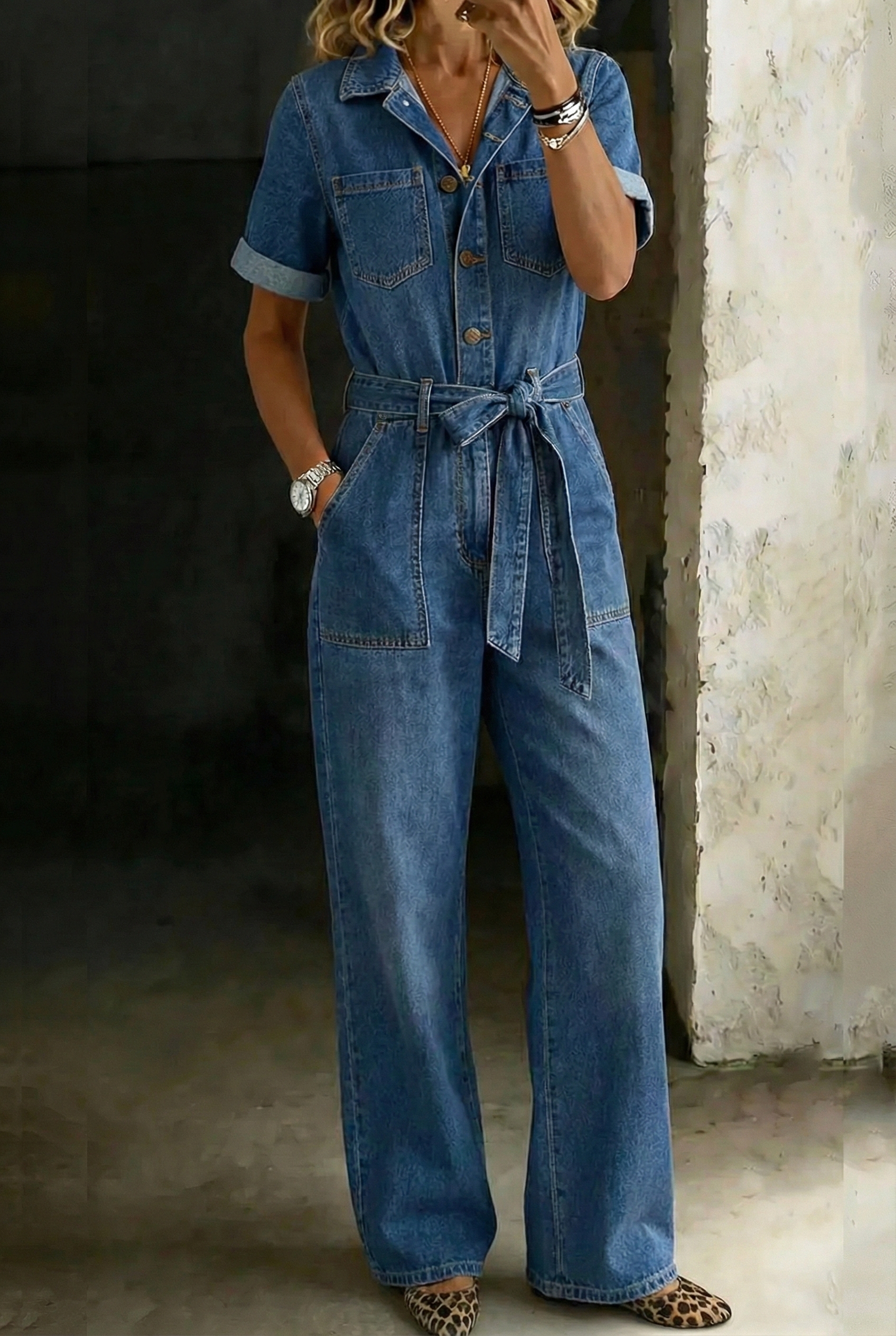Women's Fashion Casual Belt Short-sleeved Denim Jumpsuit