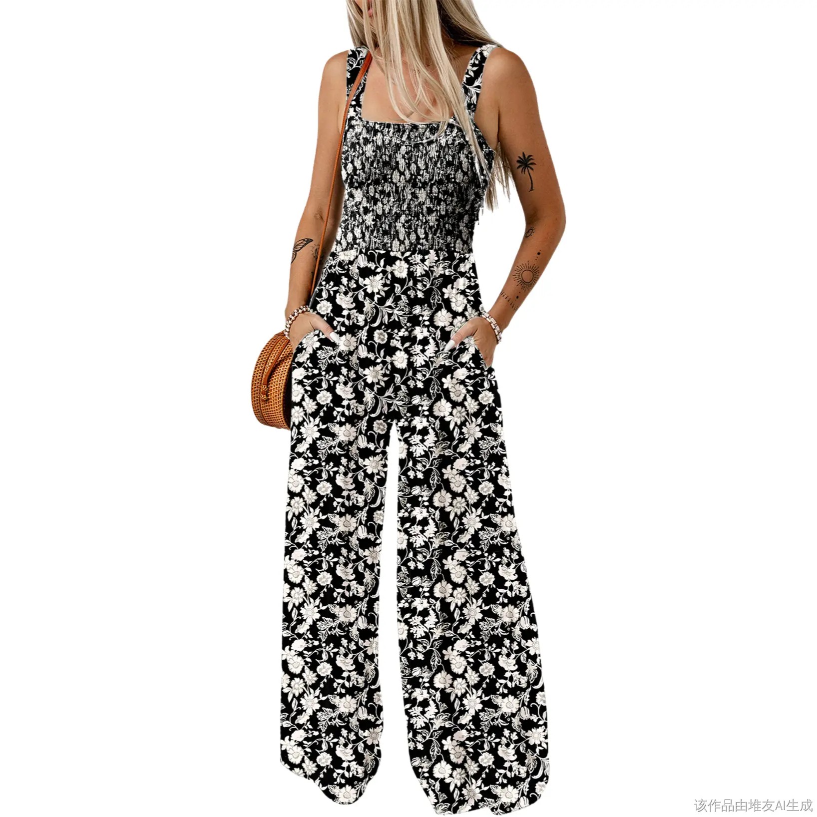 Women's Casual Loose Overalls Jumpsuits One Piece Sleeveless Printed Wide Leg Long Pant Rompers With Pockets