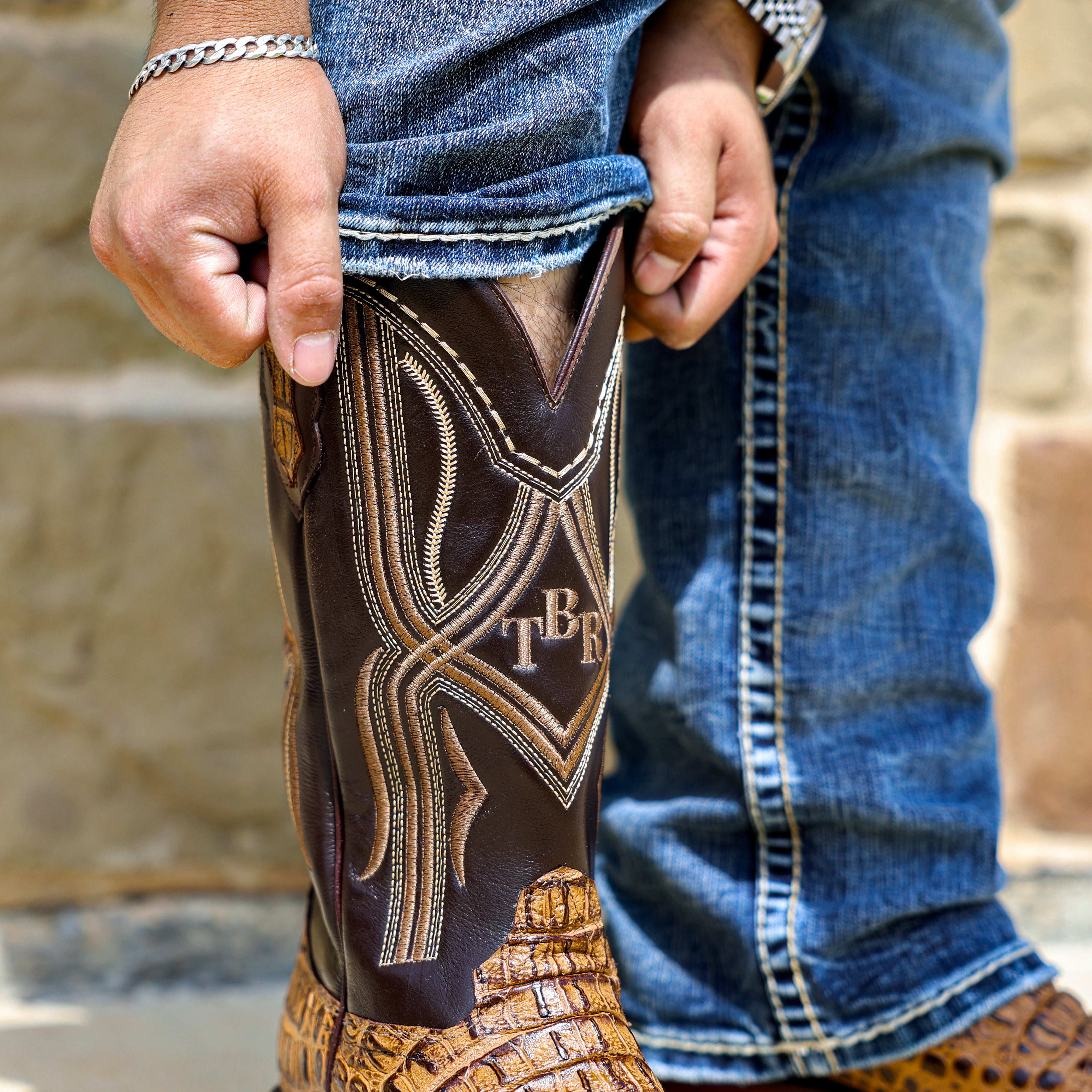 Honey Caiman Neck Leather Boots - Square Toe