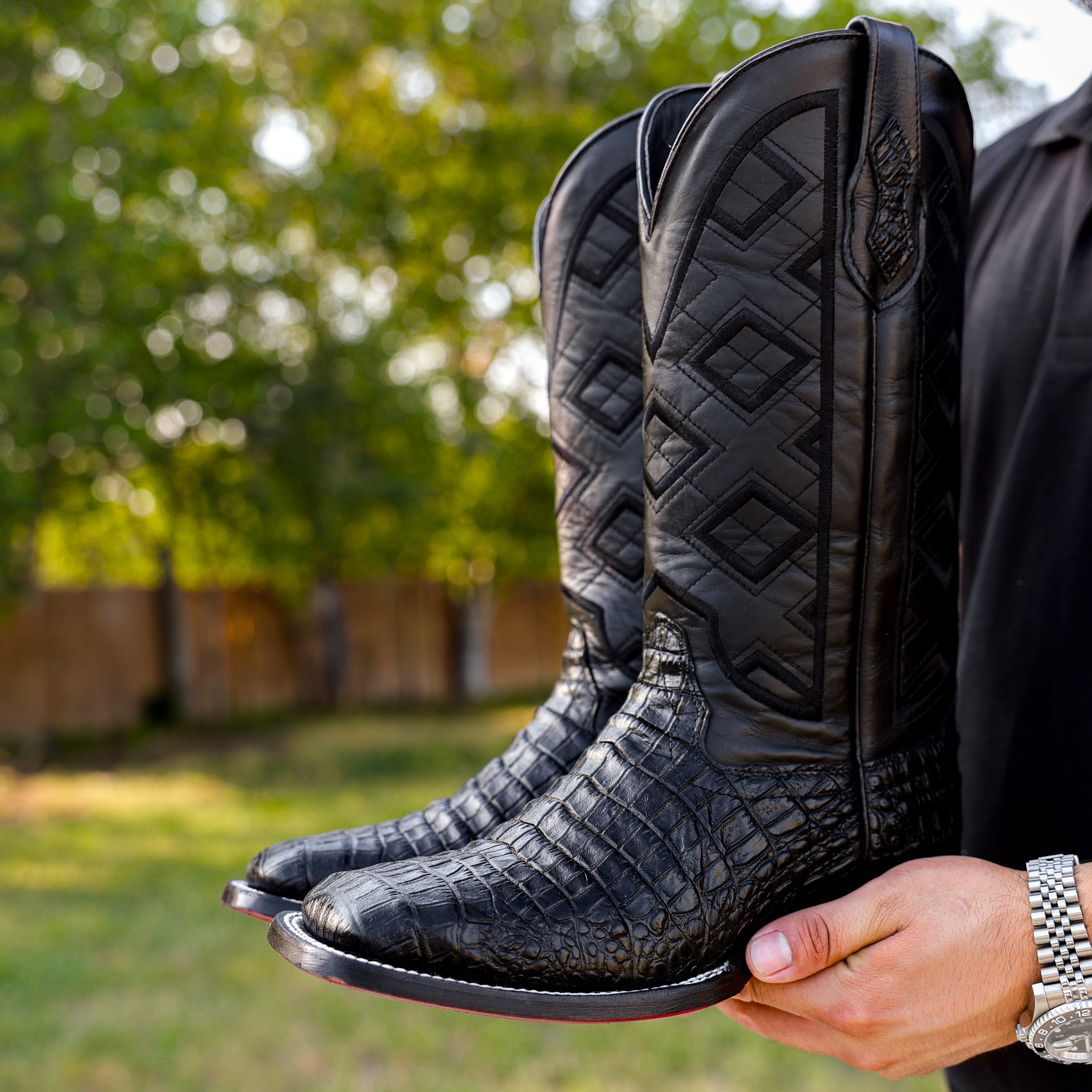 Black Caiman Belly Leather Boots - Square Toe