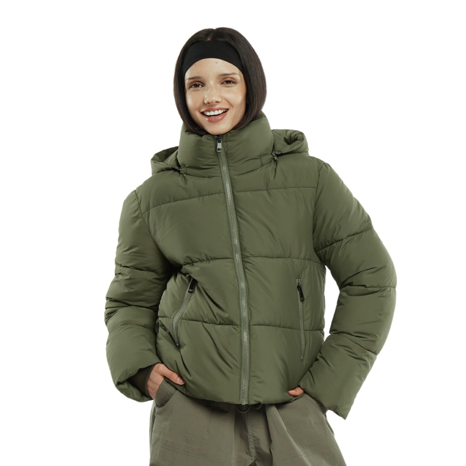 WarmCore Premium Short Puffer Jackets with Removable Hood & Optional Faux Fur Linging, Lady Casual Outerwear Longsleeves Zip Pockets Warm Quilted Coat
