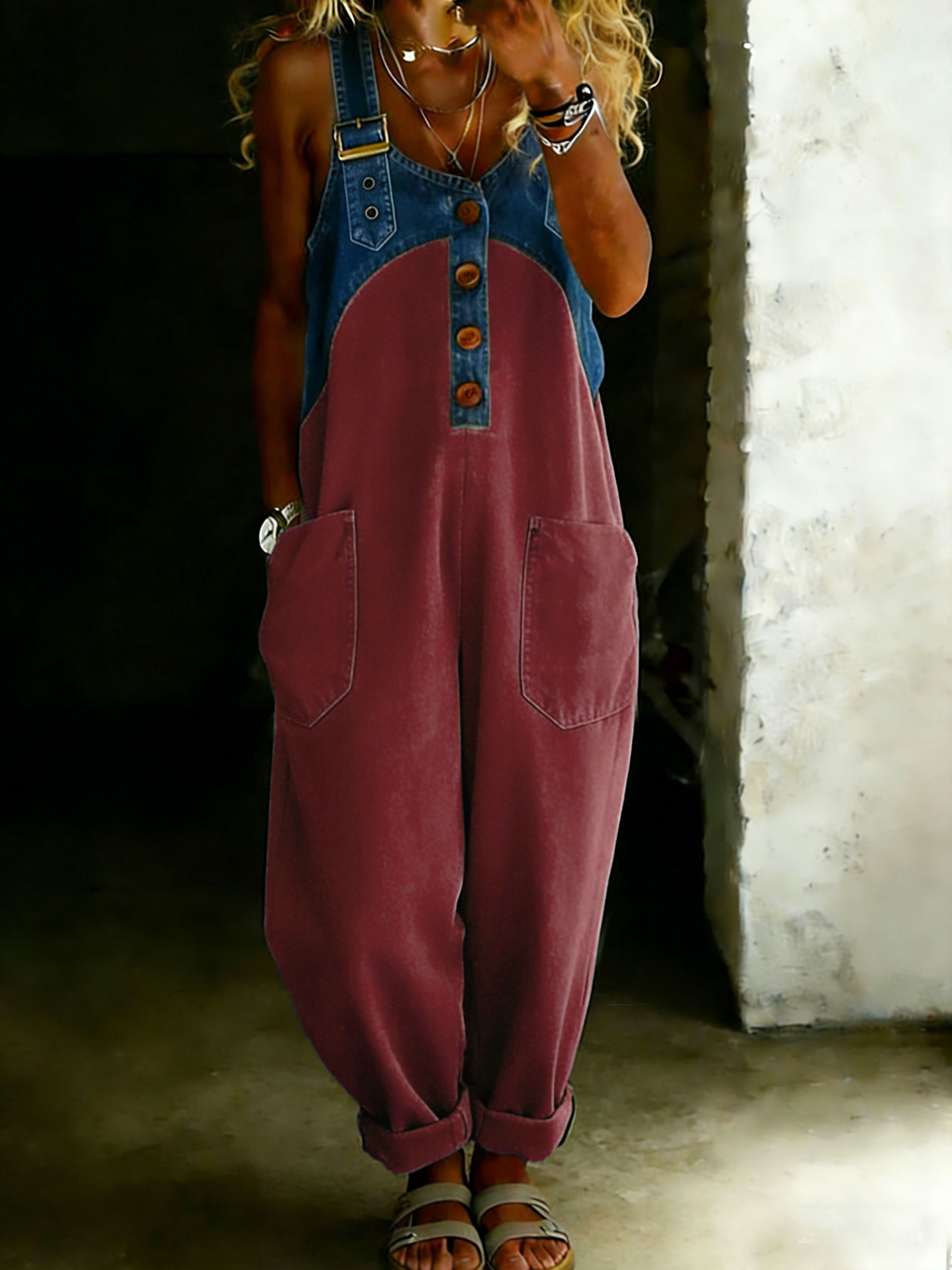 Women’s Casual One Piece Denim Denim Patchwork Jumpsuit