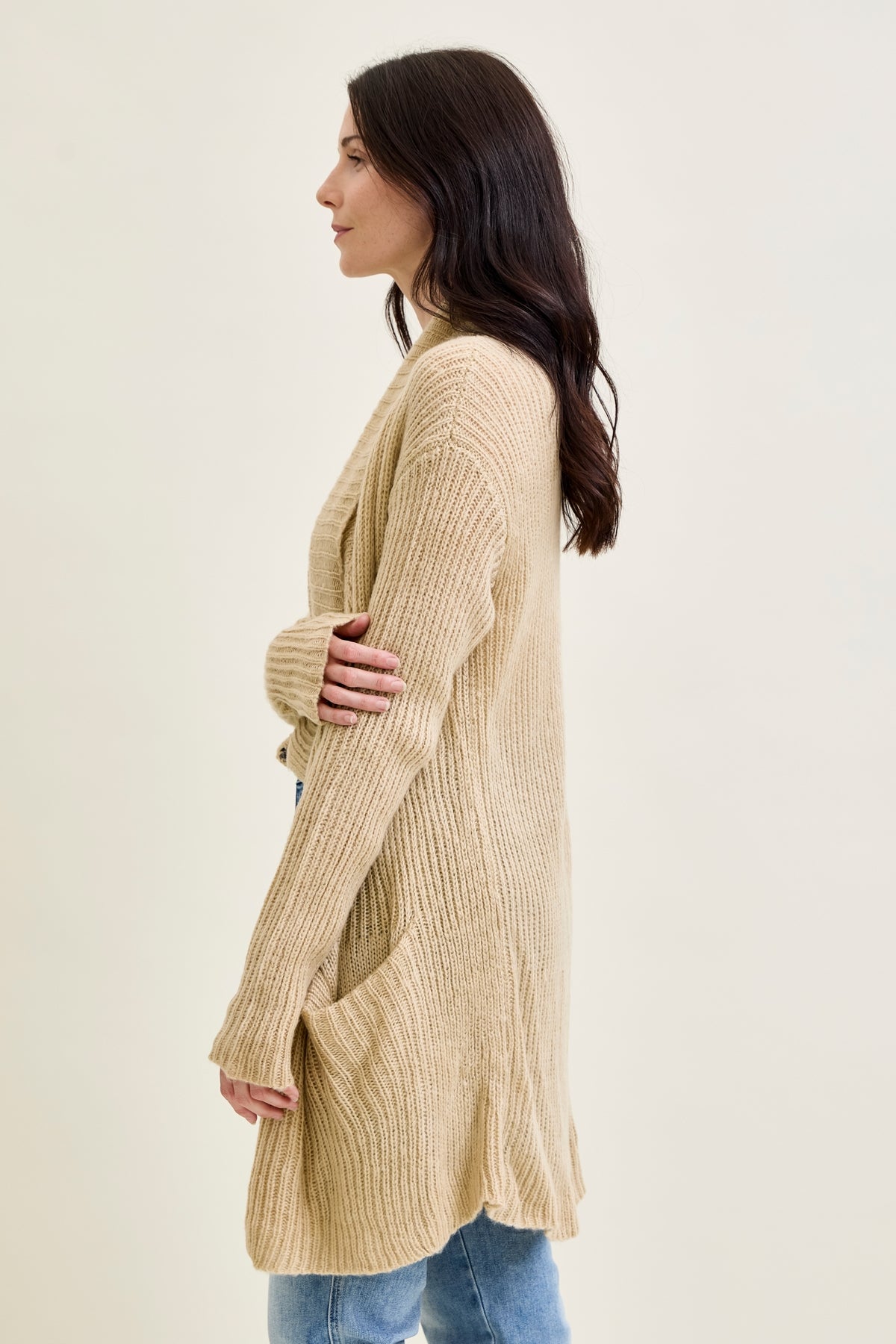 Drape Front Cardigan Beige Sweater