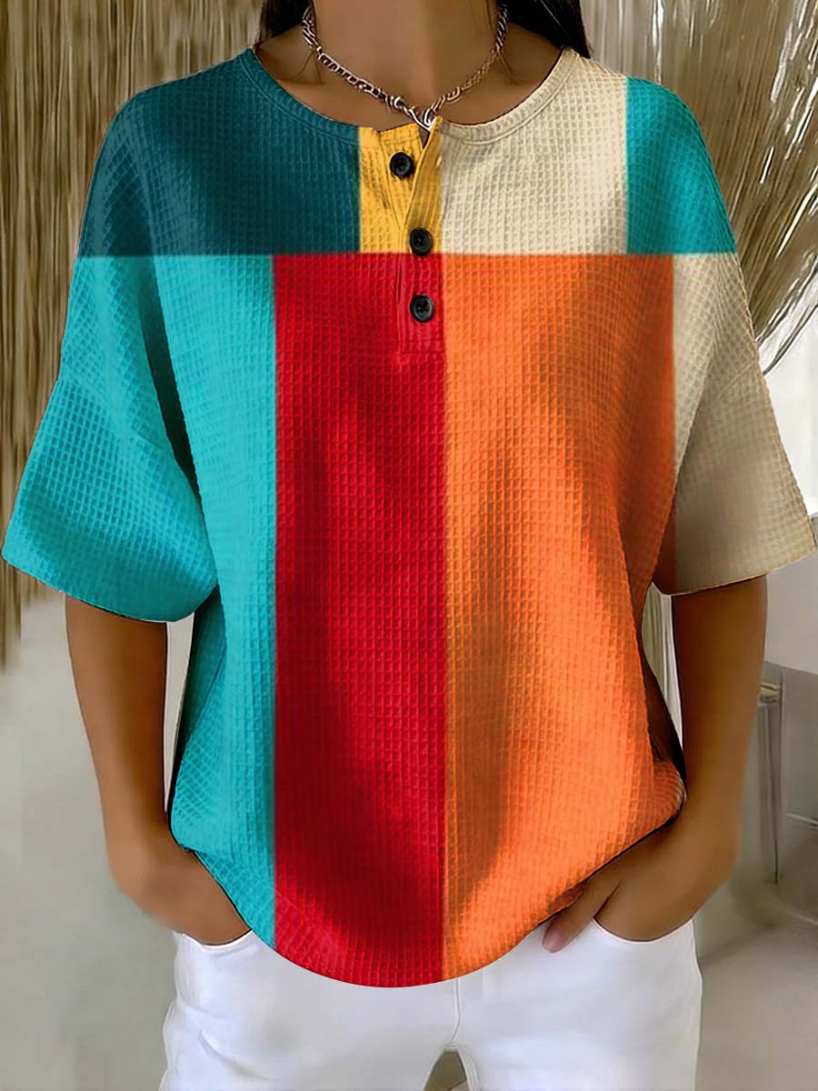 Women's Geometry Art Print Casual Waffle Cotton Shirt