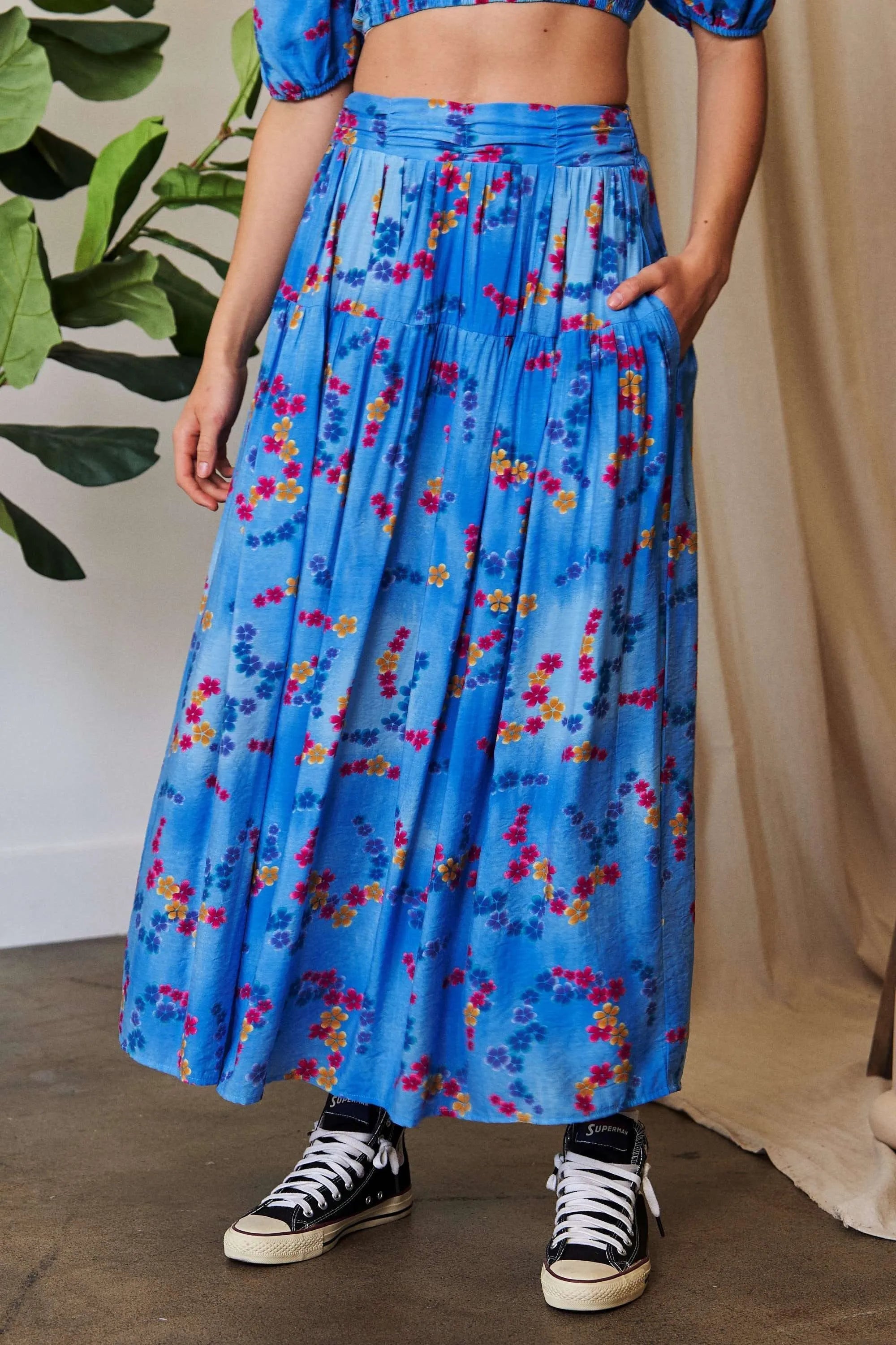 Printed Smocking Waistband Ruffled Maxi Skirt