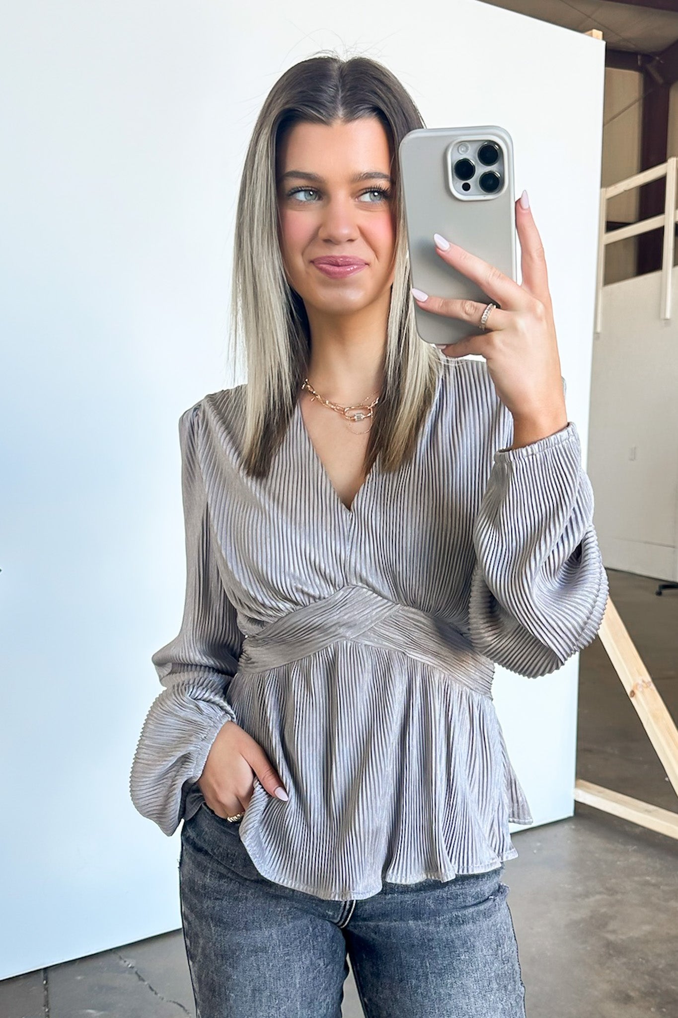 Long Sleeve V-Neck Peplum Top