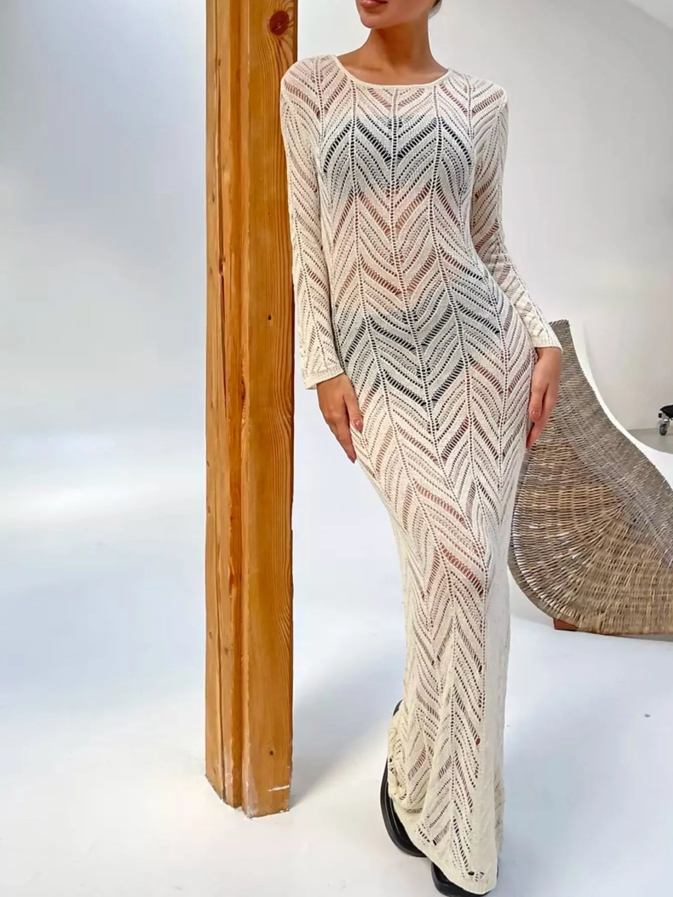 Openwork Long Sleeve Knit Cover Up Dress