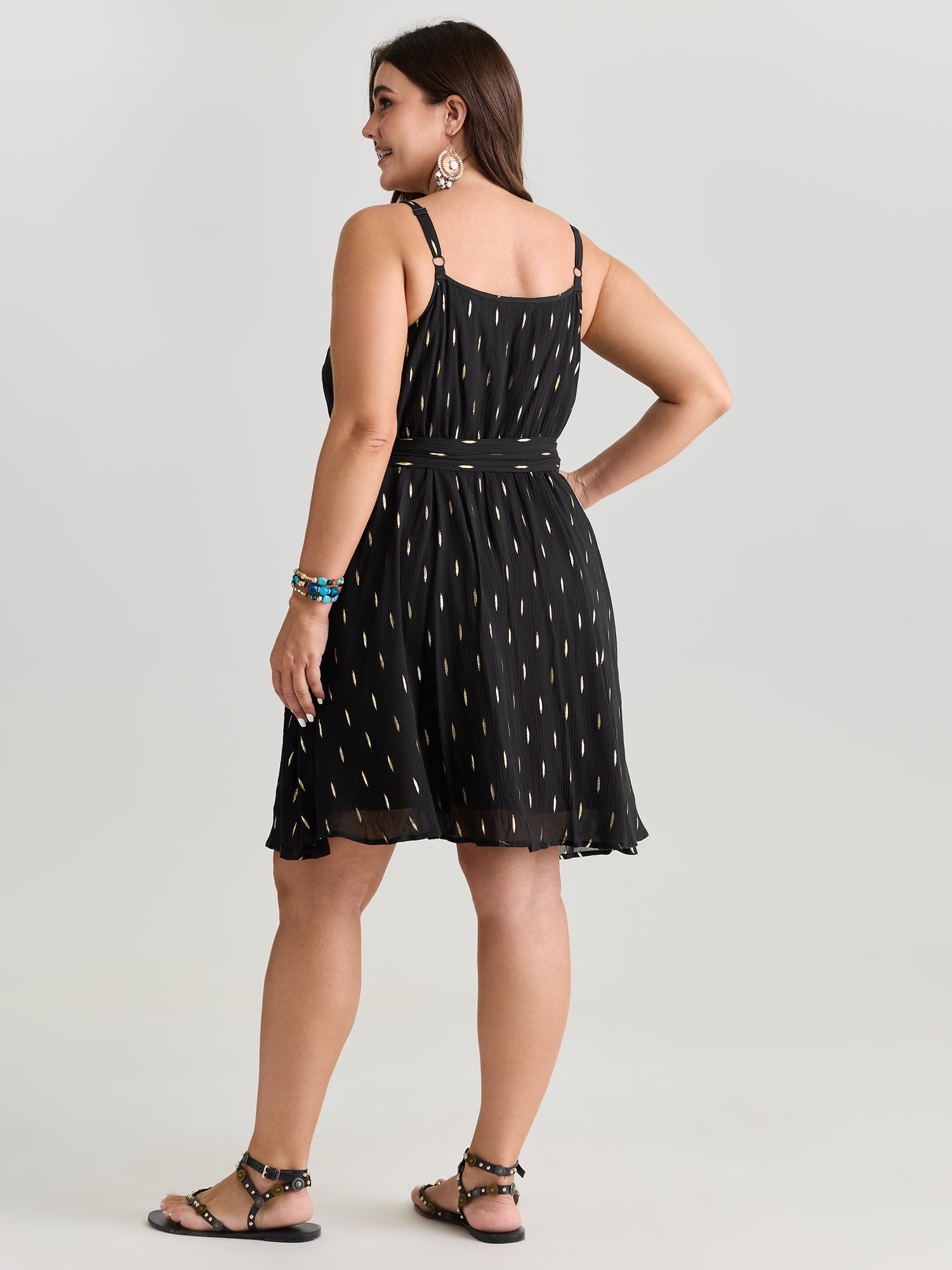 Sequin Neckline Textured Waist-Tie Mini Dress