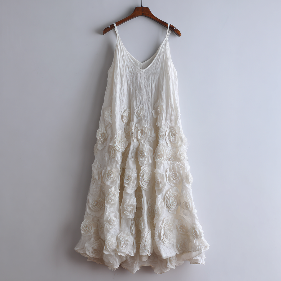 Bohemian Style Woman's V-neck White Rose Dress