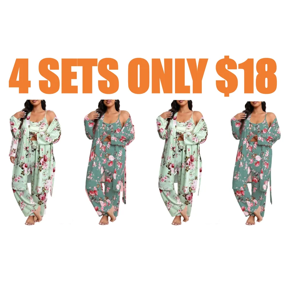 3-Piece Set Floral Print Belted Lounge Robe & Cami Top & Elastic