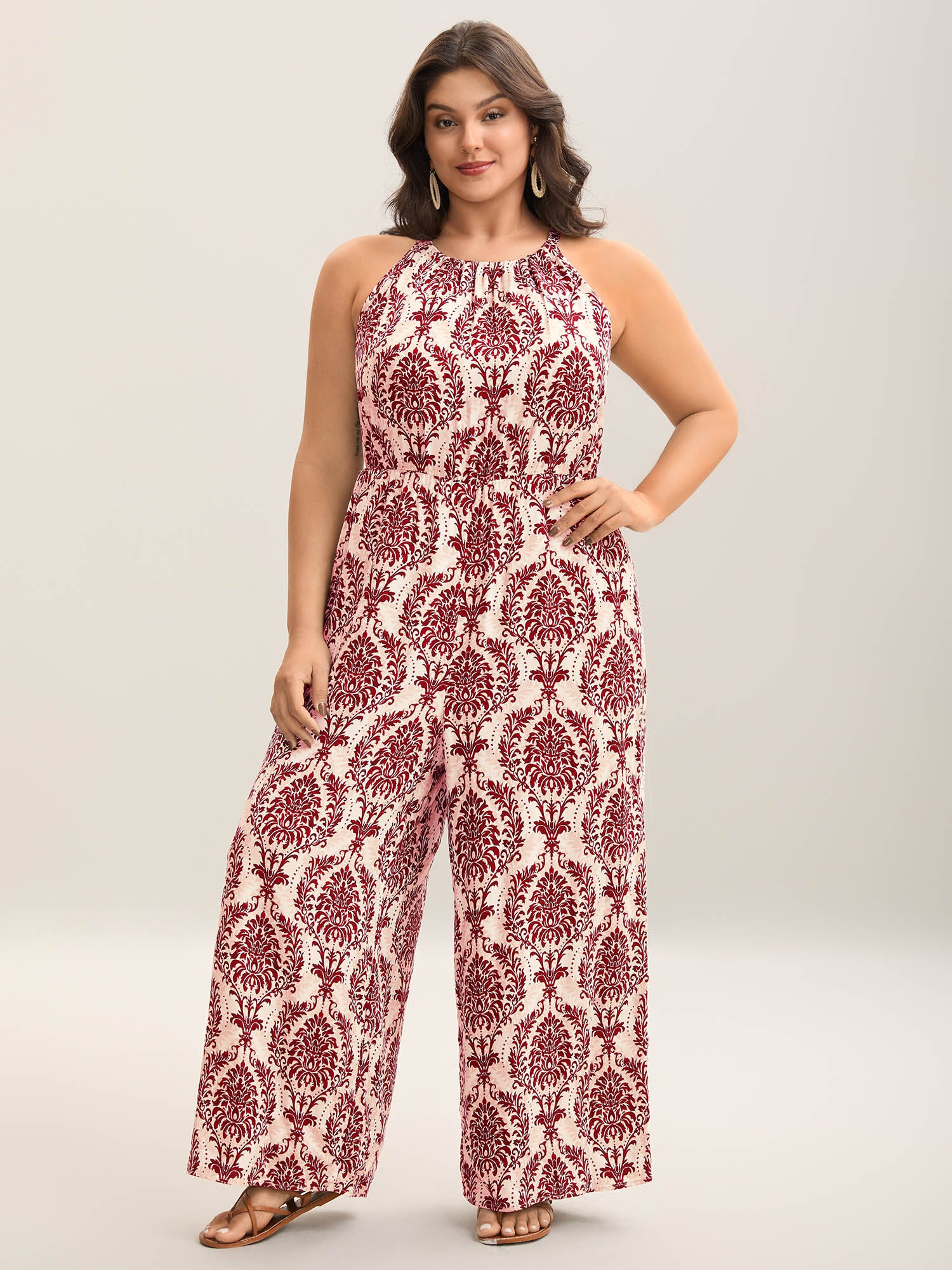Rayon Damask Print Stretchy Waist Jumpsuit