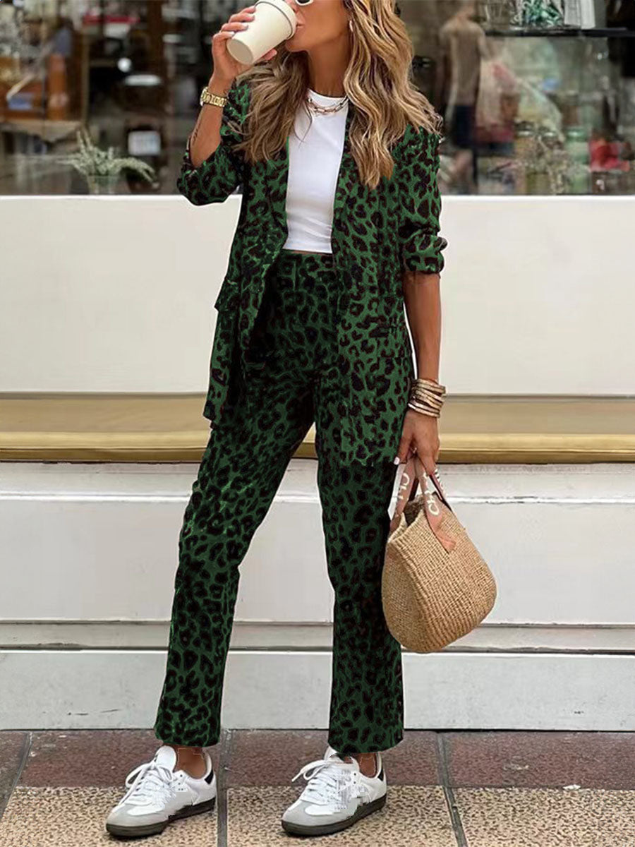Womens Lapel Leopard Print Casual Set