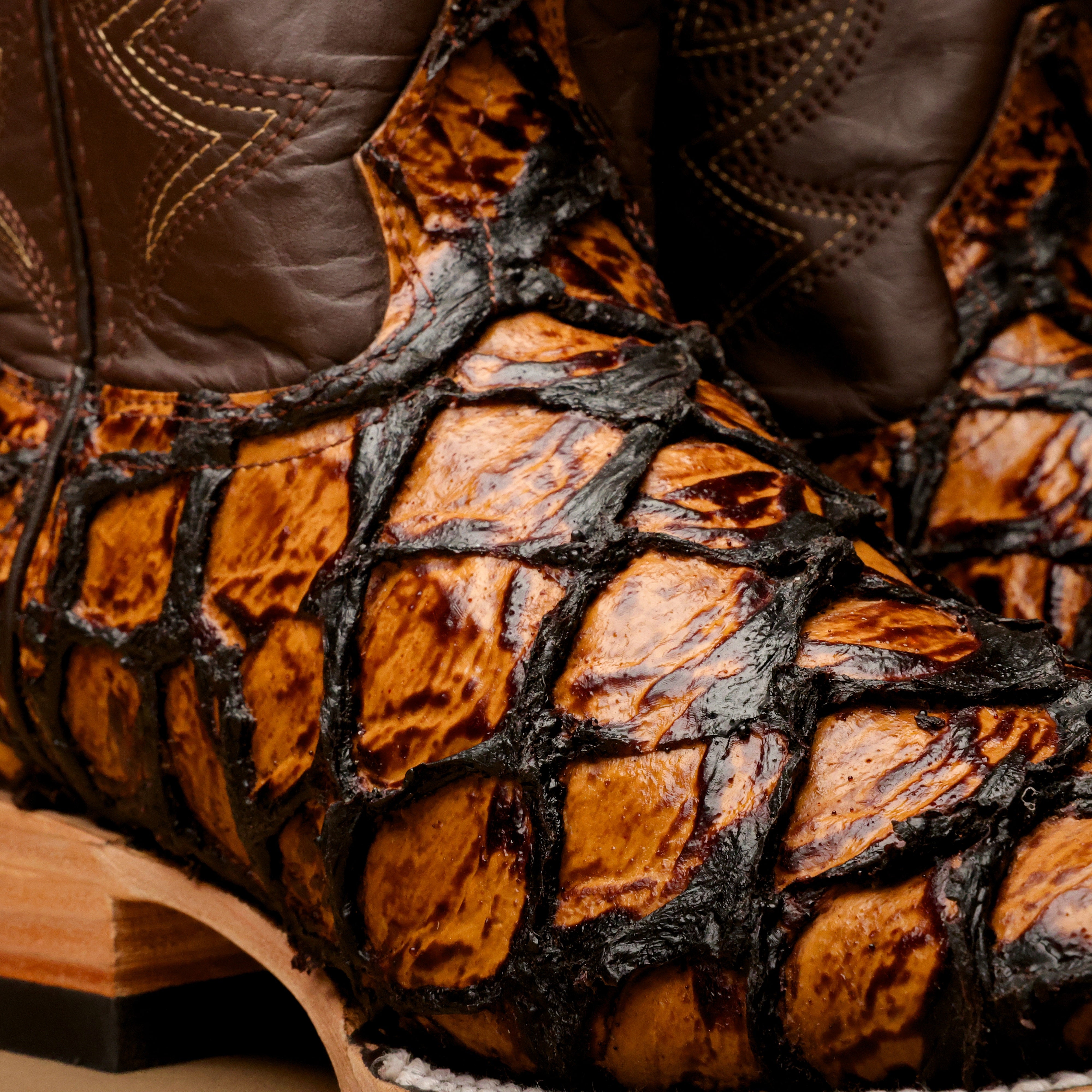 Honey Cognac Jumbo Pirarucu Leather Boots - Square Toe