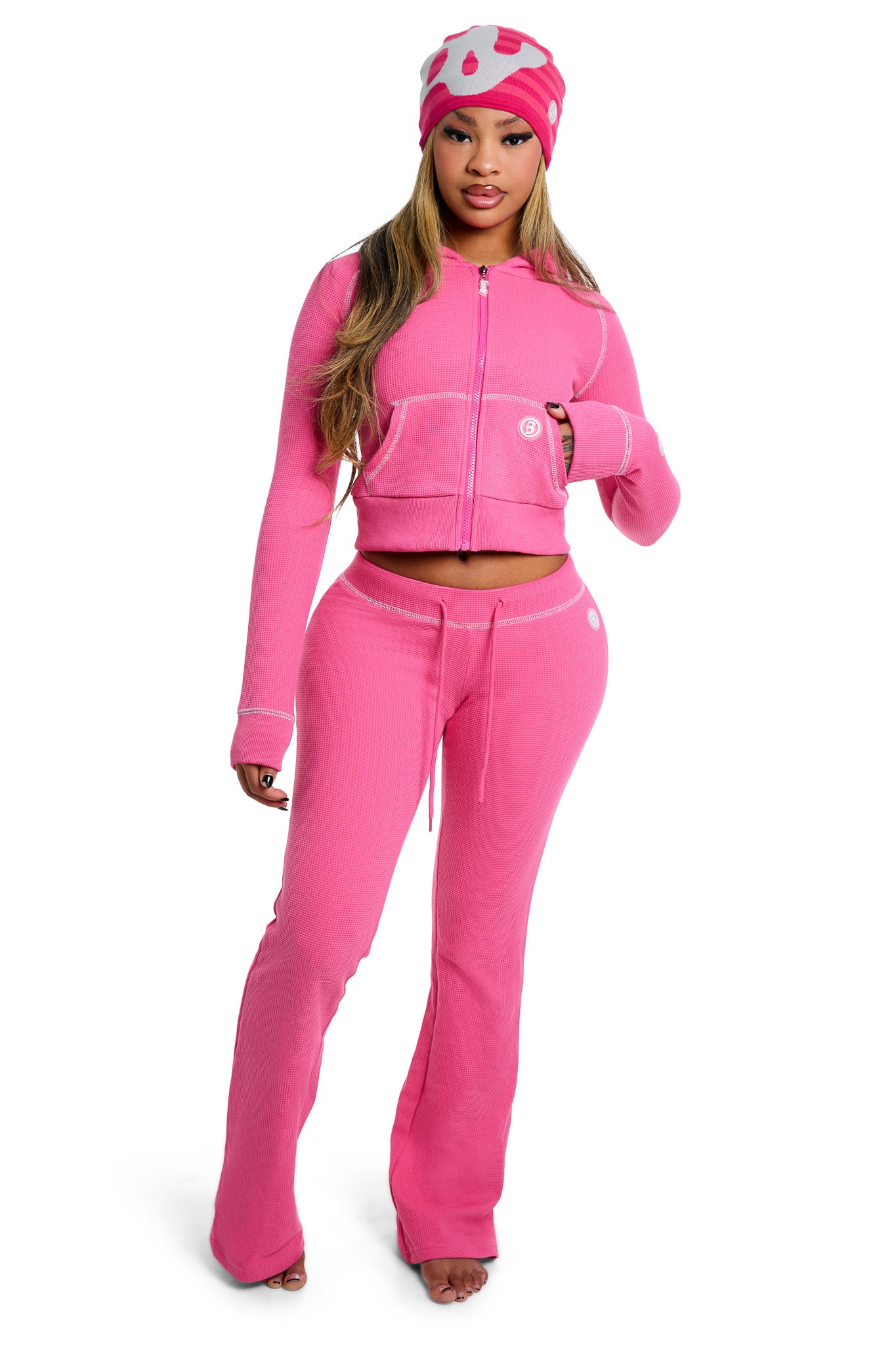 WAFFLE KNIT BOOT CUT PANTS (STRAWBERRY PINK/GREY)