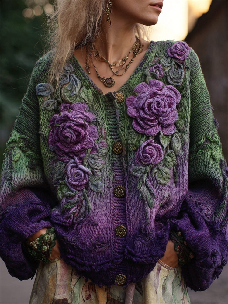 Vintage Purple Roses Crochet Embroidered Gradient Cozy Cardigan