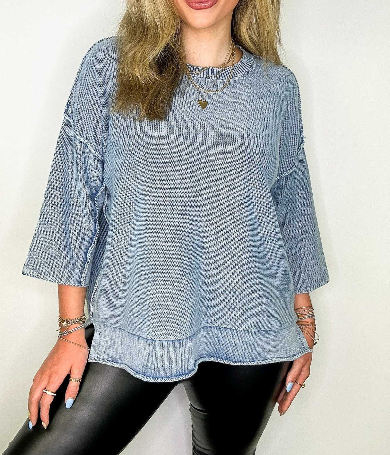 Cozy Fade Washed 3/4 Sleeve Relaxed Sweater