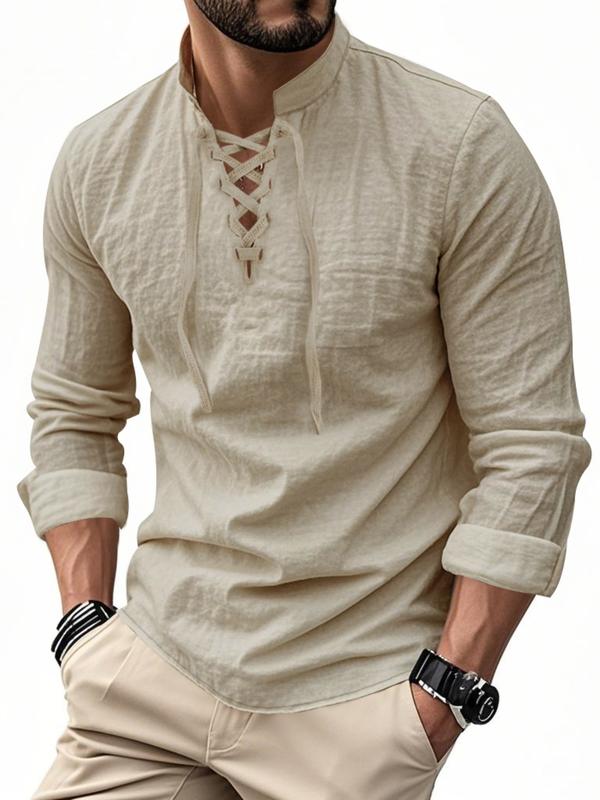 Men's Lightweight Breathable Linen Shirt, Drawstring Collar, Unique Design, Casual Plain Long Sleeve Polo, Perfect for Daily Commute Spring Fall Men's Clothing