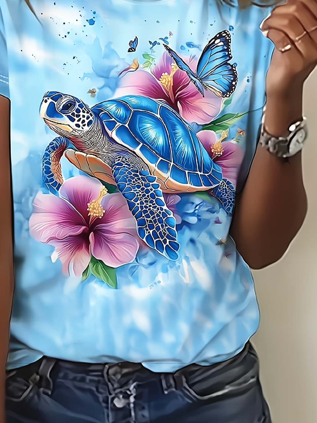 Women's Short Sleeve T-shirt Summer Blue Floral Printing Jersey Crew Neck Daily Going Out Casual Top