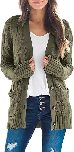 Women's Fall Casual Long Sleeve Button Down Open Front Cable Knit Cardigan