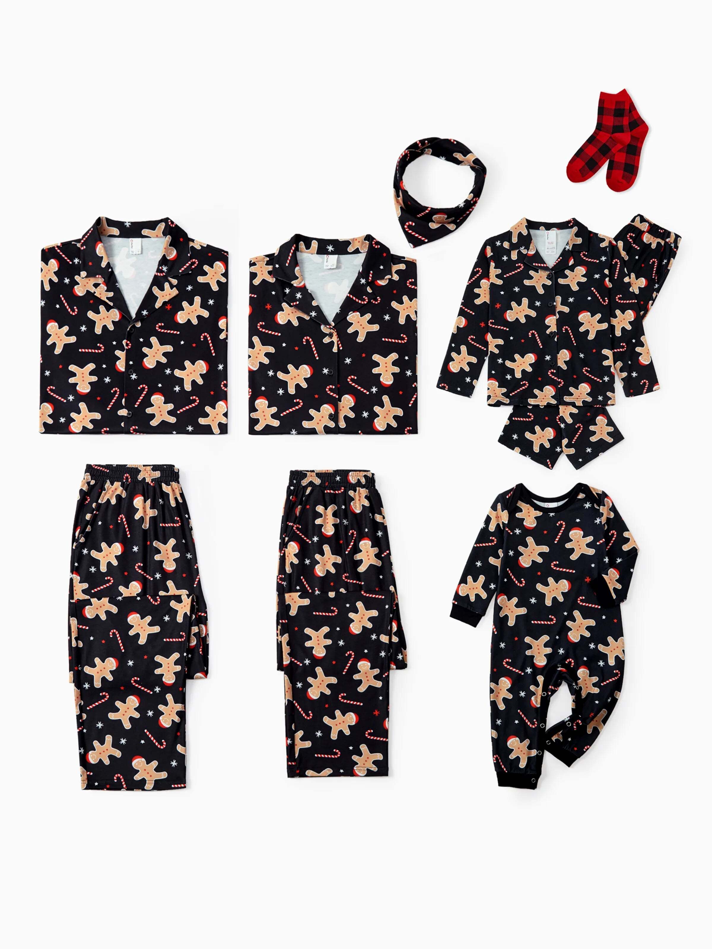 Christmas Matching Family Pajamas Set Gingerbread Print Black PJS with Christmas Socks Black