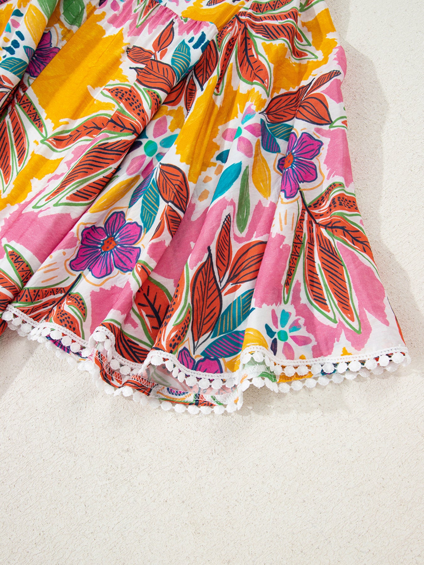 Floral Print Lace Trimmed Tie Back Bell Sleeve Swing Mini Dress