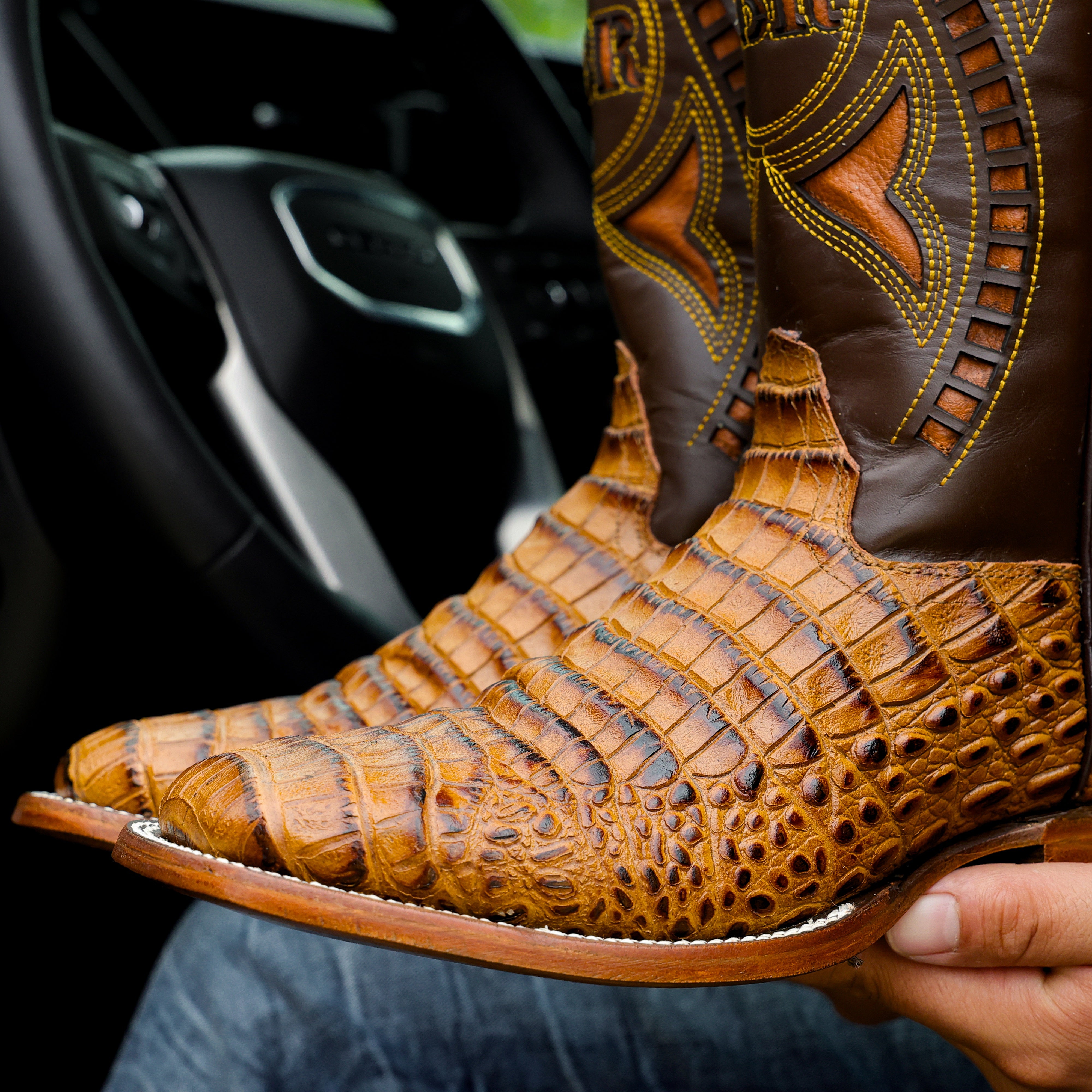 Honey Caiman Belly Leather Boots - Square Toe