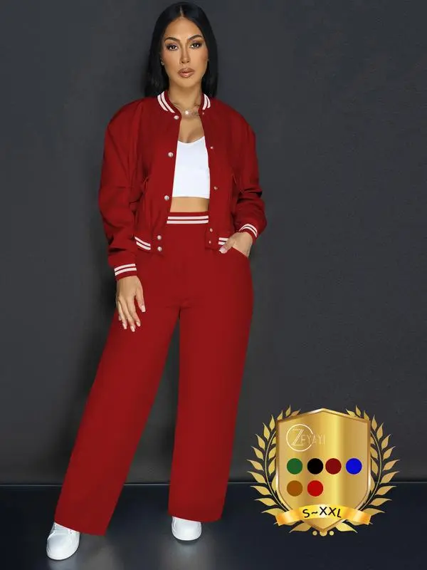 Women’s Solid Color 2-Piece Athletic Set – Baseball Jacket & Pocket Pants