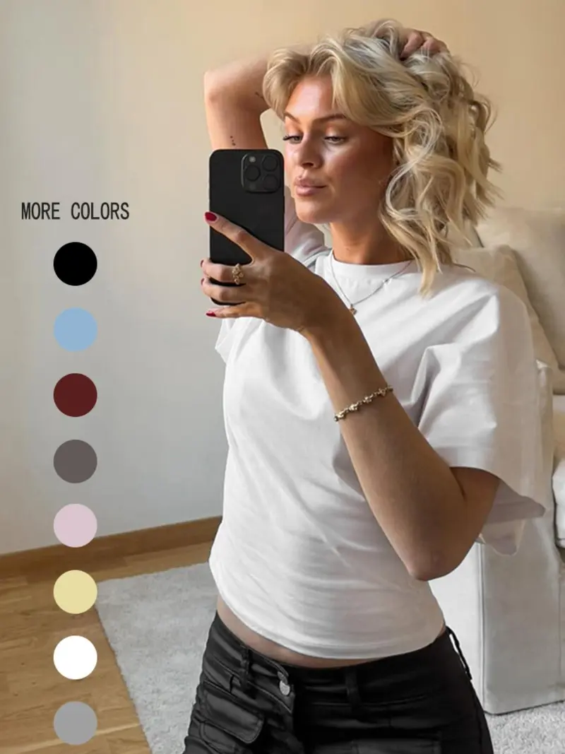 Women's Basic Solid-Color Round Neck Tee, Casual Loose Half-Sleeve T-shirt for Summer, Women's Top for Daily Wear