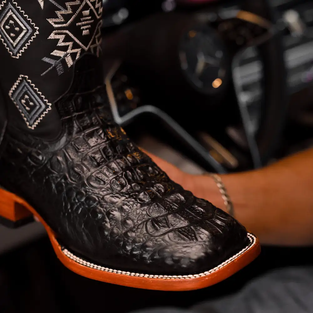 Black Caiman Neck Leather Boots - Square Toe