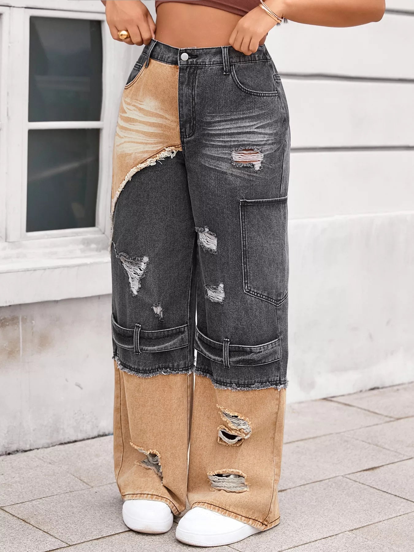 Two-Tone Ripped Wide Leg Jeans