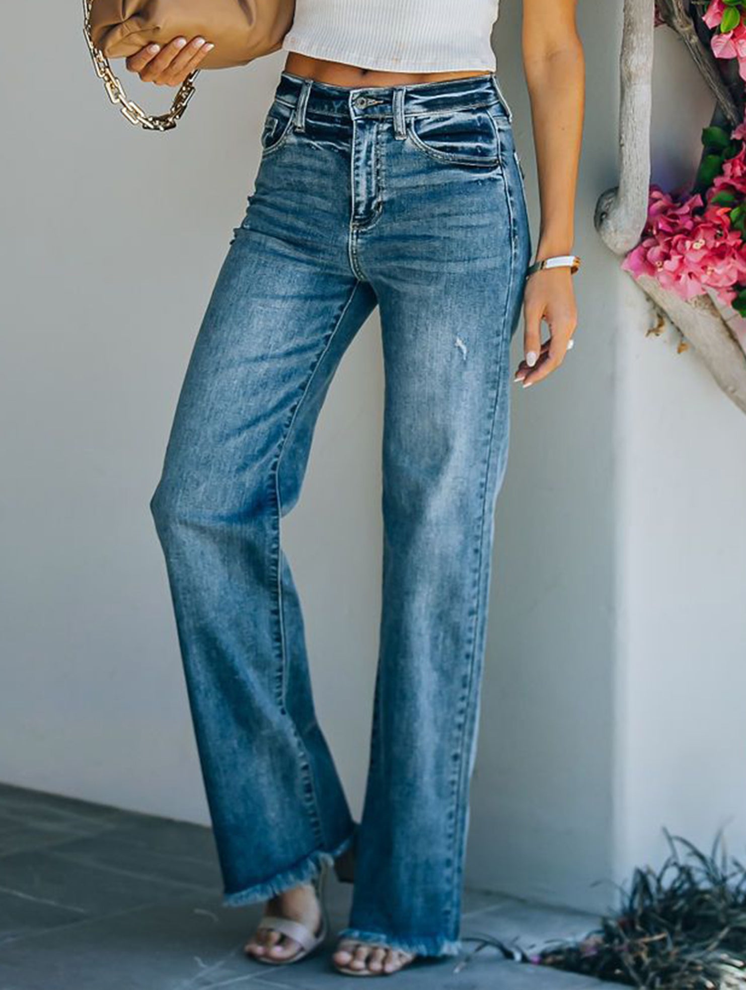 Raw-edge mid-rise slim-fit jeans