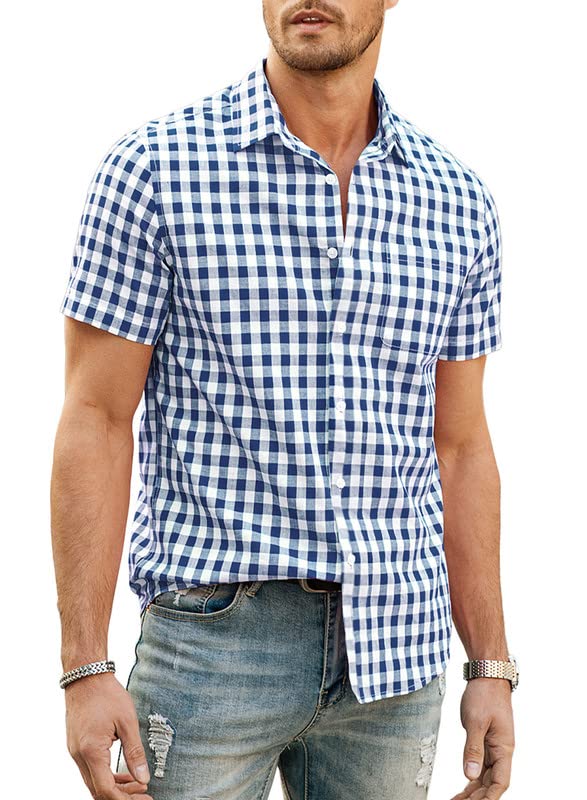 Mens Casual Button Down Shirts Short Sleeve 100% Cotton Plaid Shirts for Men