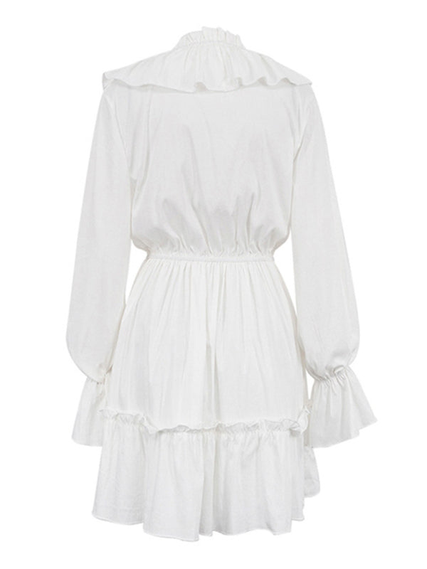 Deep V-Neck Design Smocked Trumpet Sleeves Ruffled White Waist Dress