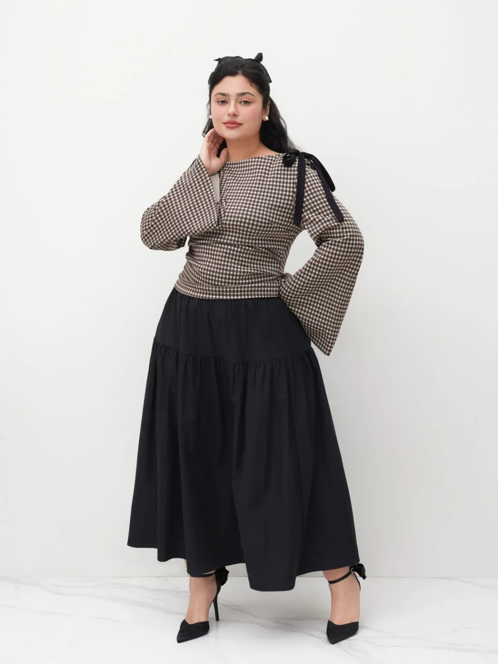 Boat Neck Gingham Bowknot Ruched Long Sleeve Top