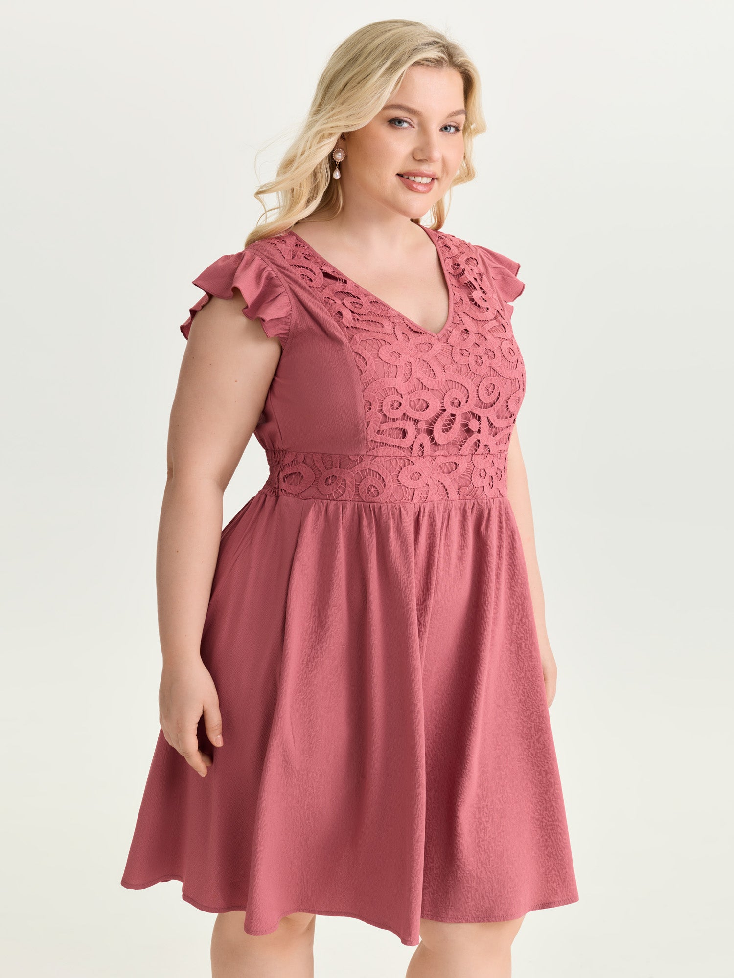 Lace Textured Bodice Flutter Sleeve Mini Dress