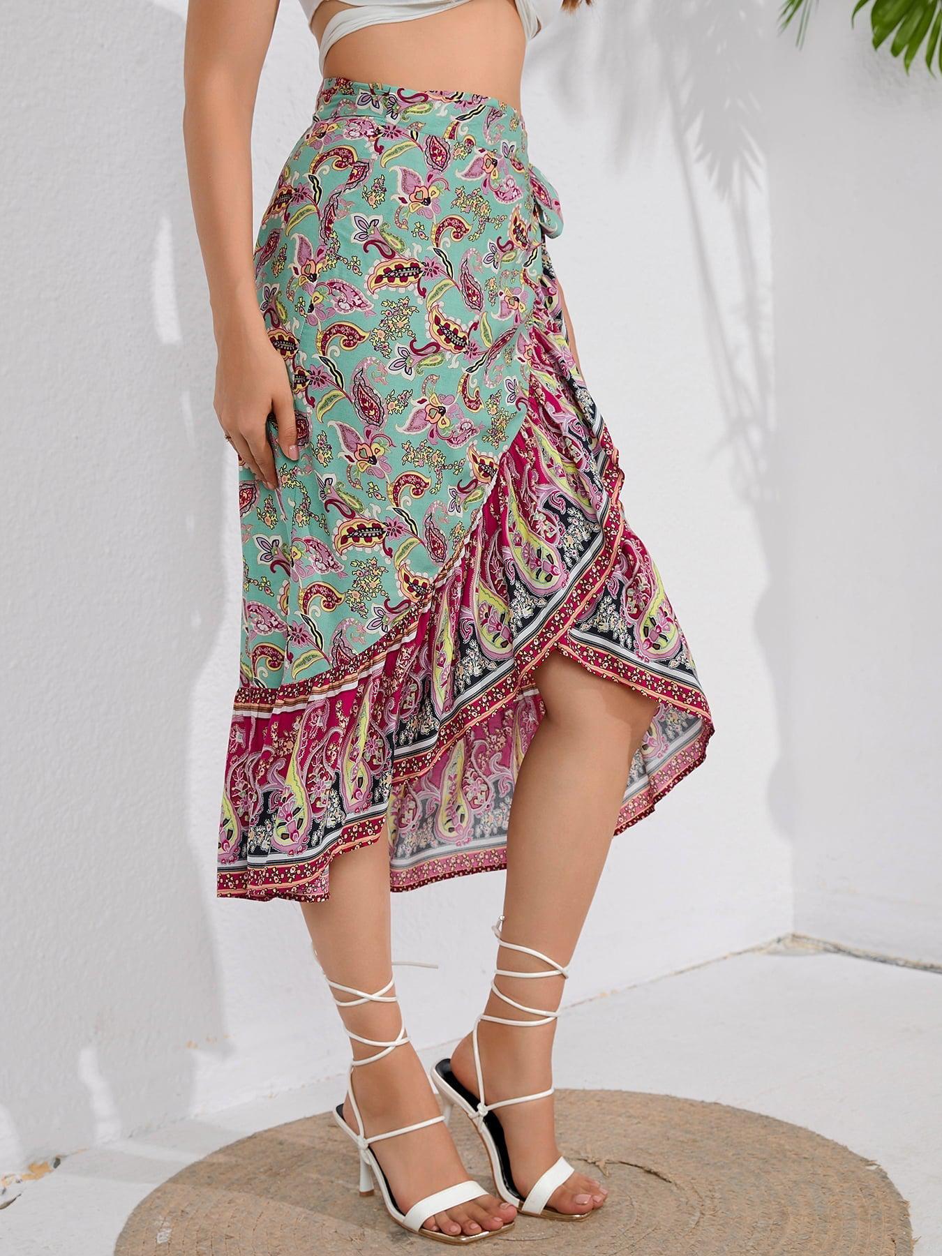 Bohemian Tie Waistband Flounce Hem Midi Skirt