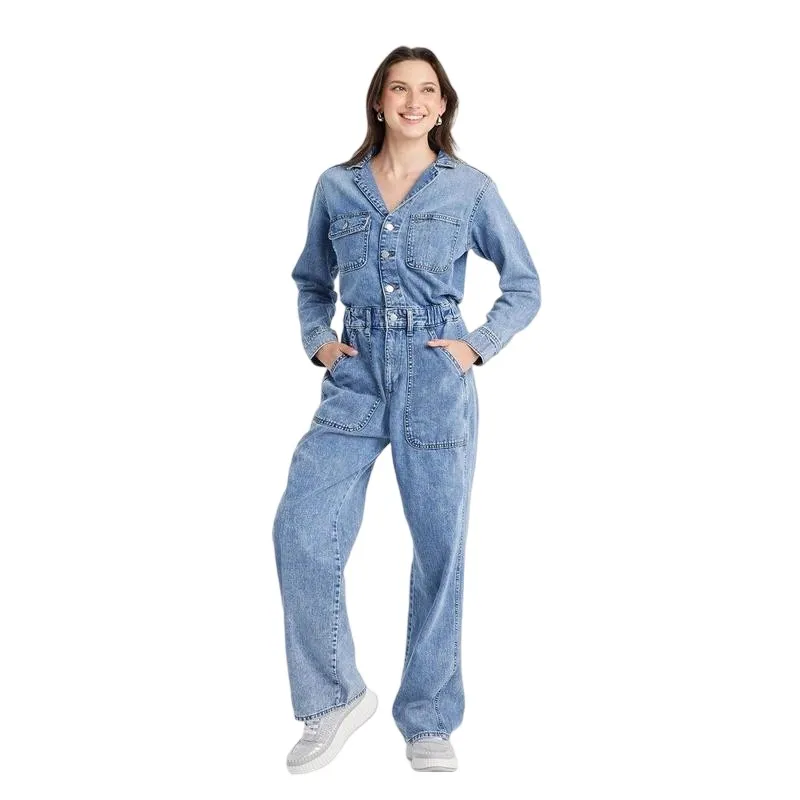 Women's Long-Sleeve Baggy Utility Denim Jumpsuit