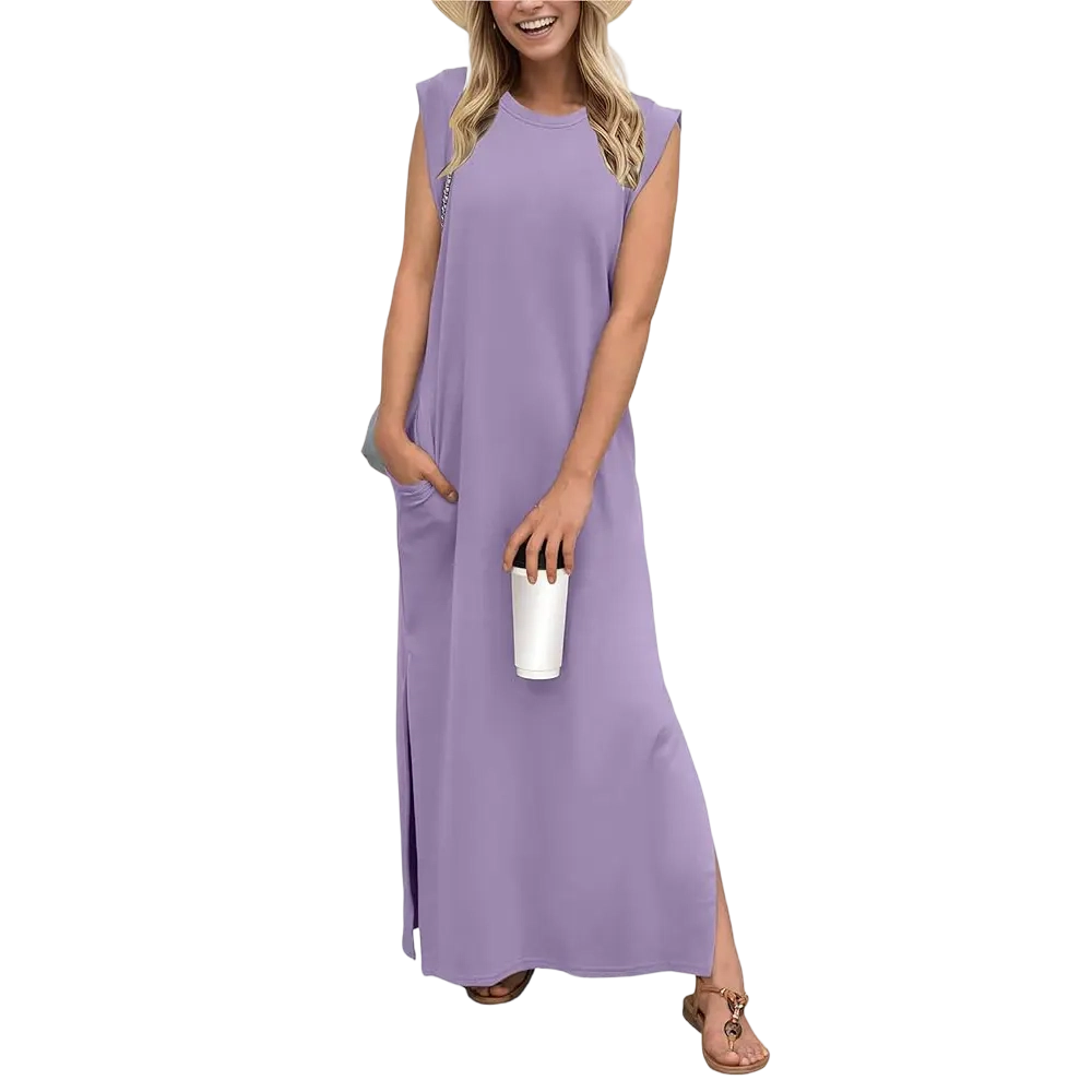 2026 Women Summer Round Neck Casual Loose Split Wrinkle-Free Long Maxi Vacation Dress with Pockets