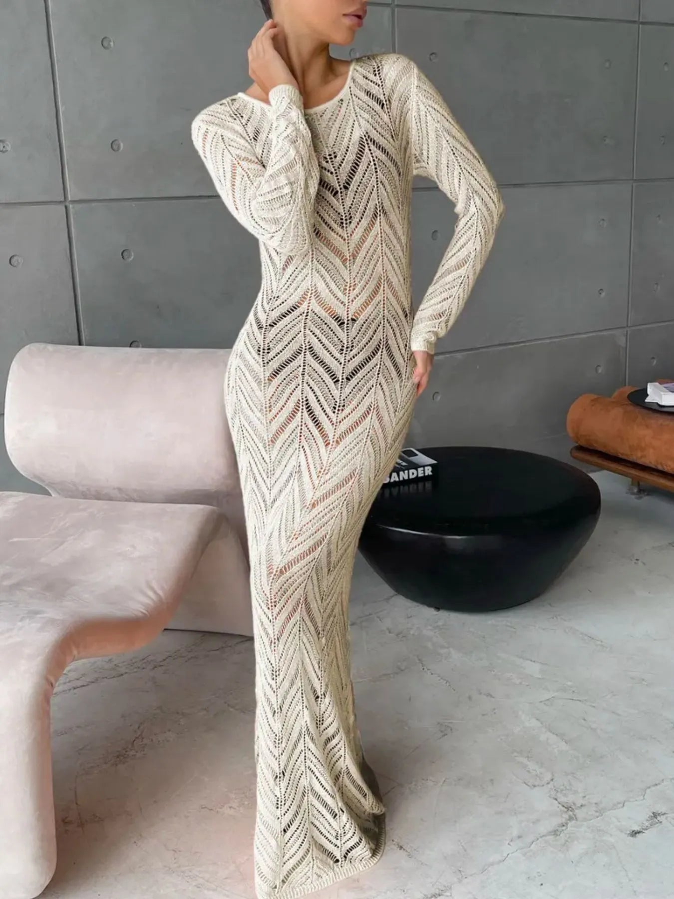 Openwork Long Sleeve Knit Cover Up Dress