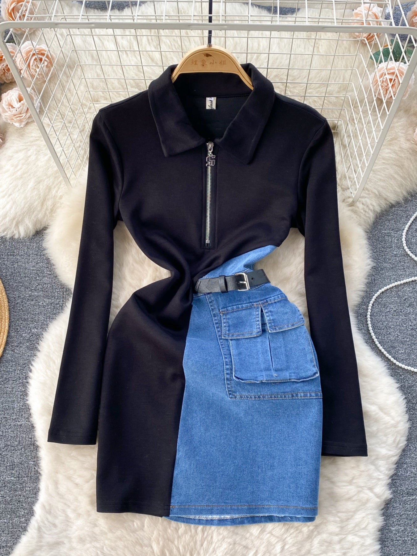 Full Size Color Block Denim Patchwork Mini Dress Plus Size