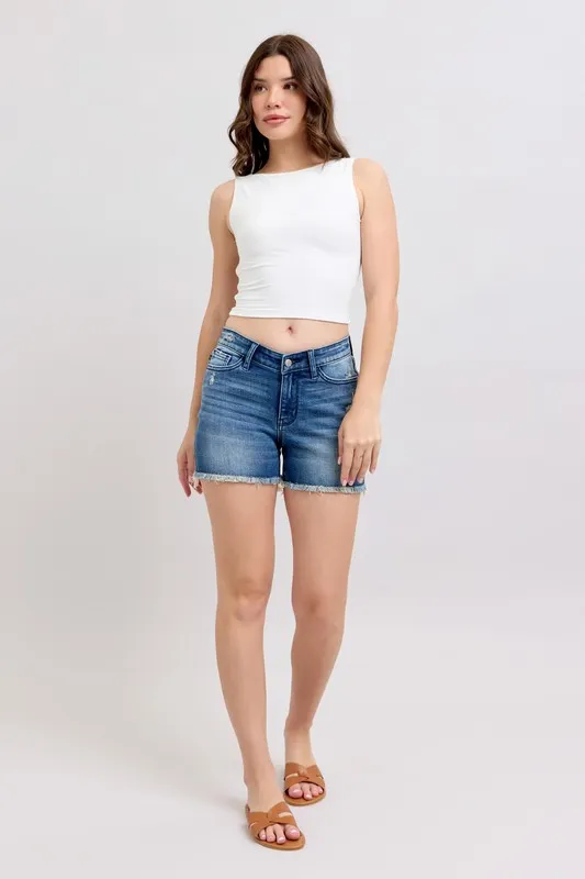 V-Front Denim Shorts with Shield Pockets
