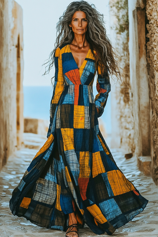 Vintage Loose Linen Patchwork Rainbow Contrast Dress fa3a