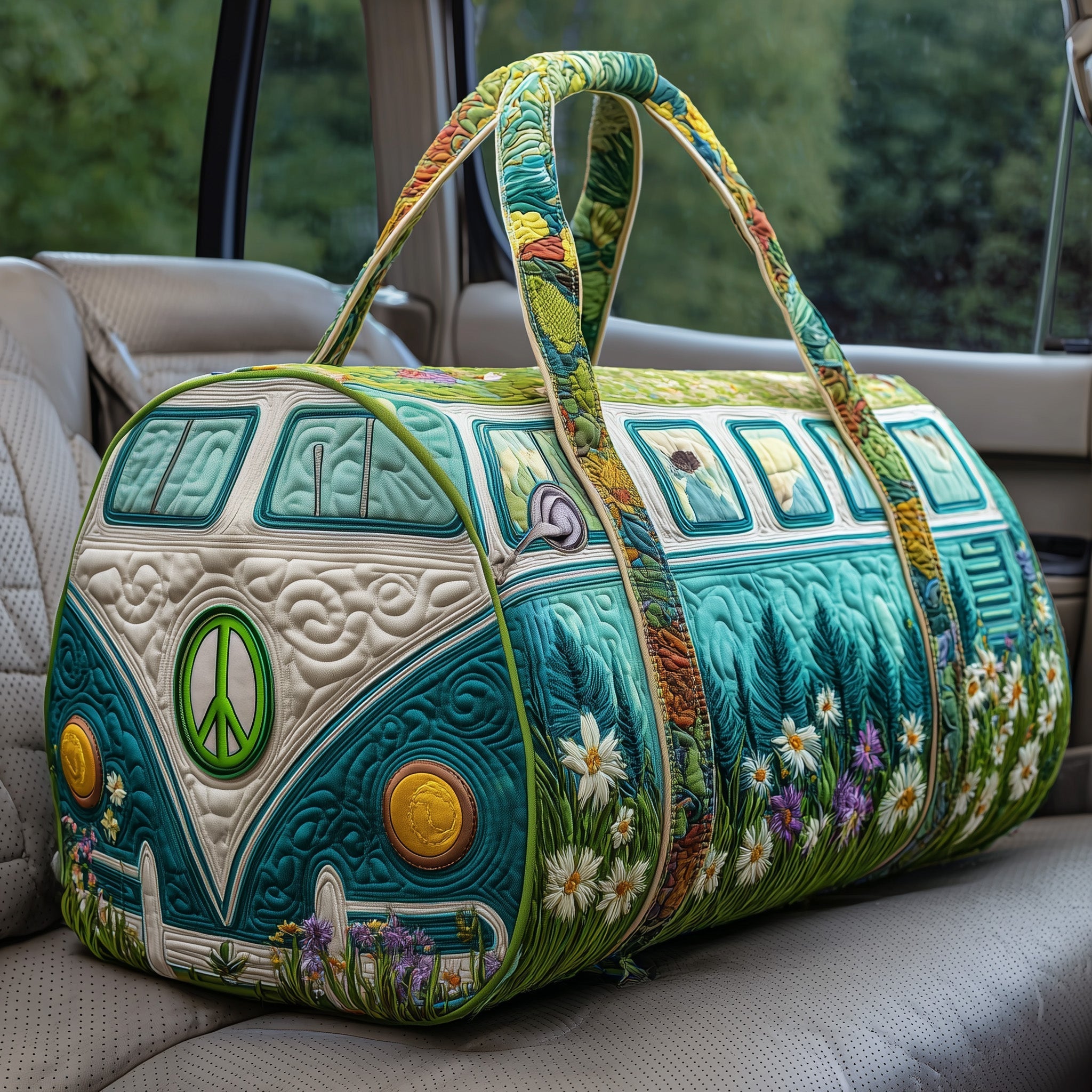 Hippie Journey Quilted Duffle Bag – Retro Boho Travel & Weekender Bag