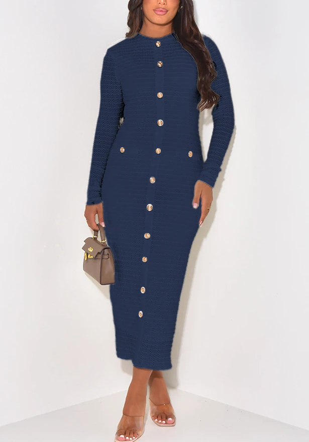 Unybwonn Women Bodycon Pleated Knit Maxi Dress Long Sleeve Crew Neck Ribbed Elegant Sweater Dress Single Breasted Dresses