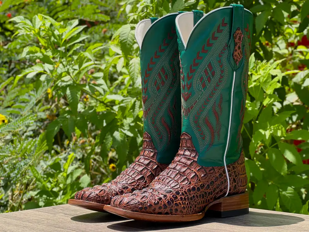 Men’s Cognac Crocodile Leather Boots With Green Shaft