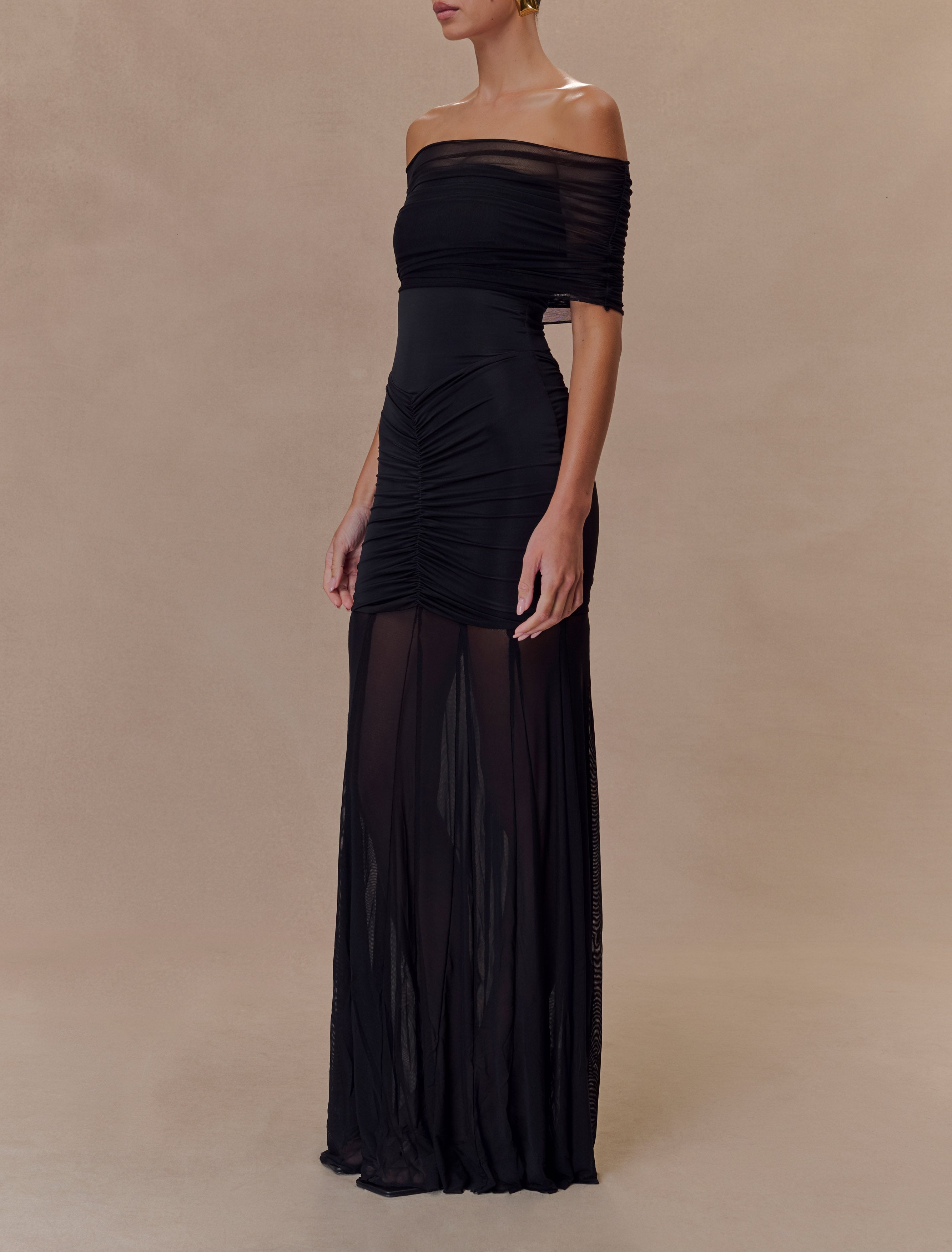 Black Slinky And Mesh Off Shoulder Maxi Dress