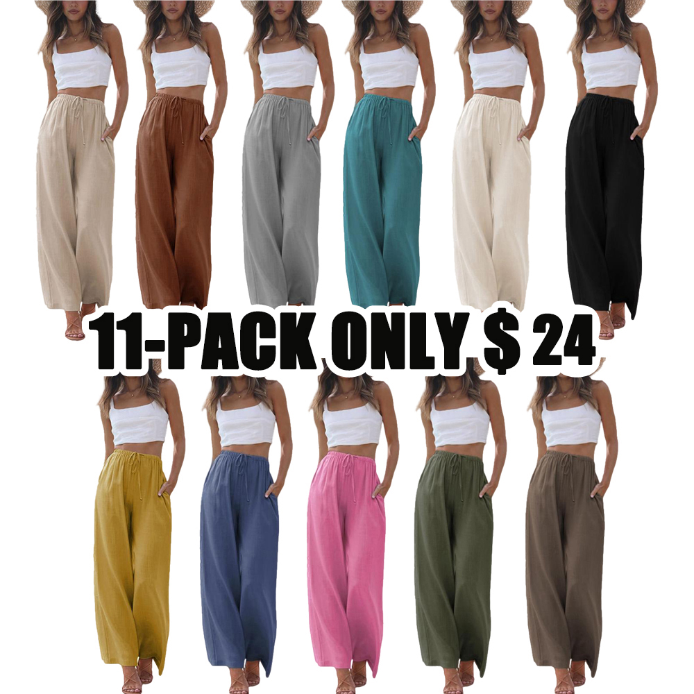 Women's Cotton Linen Summer Palazzo Pants Flowy Wide Leg Beach Trousers with Pockets Casual Womenswear