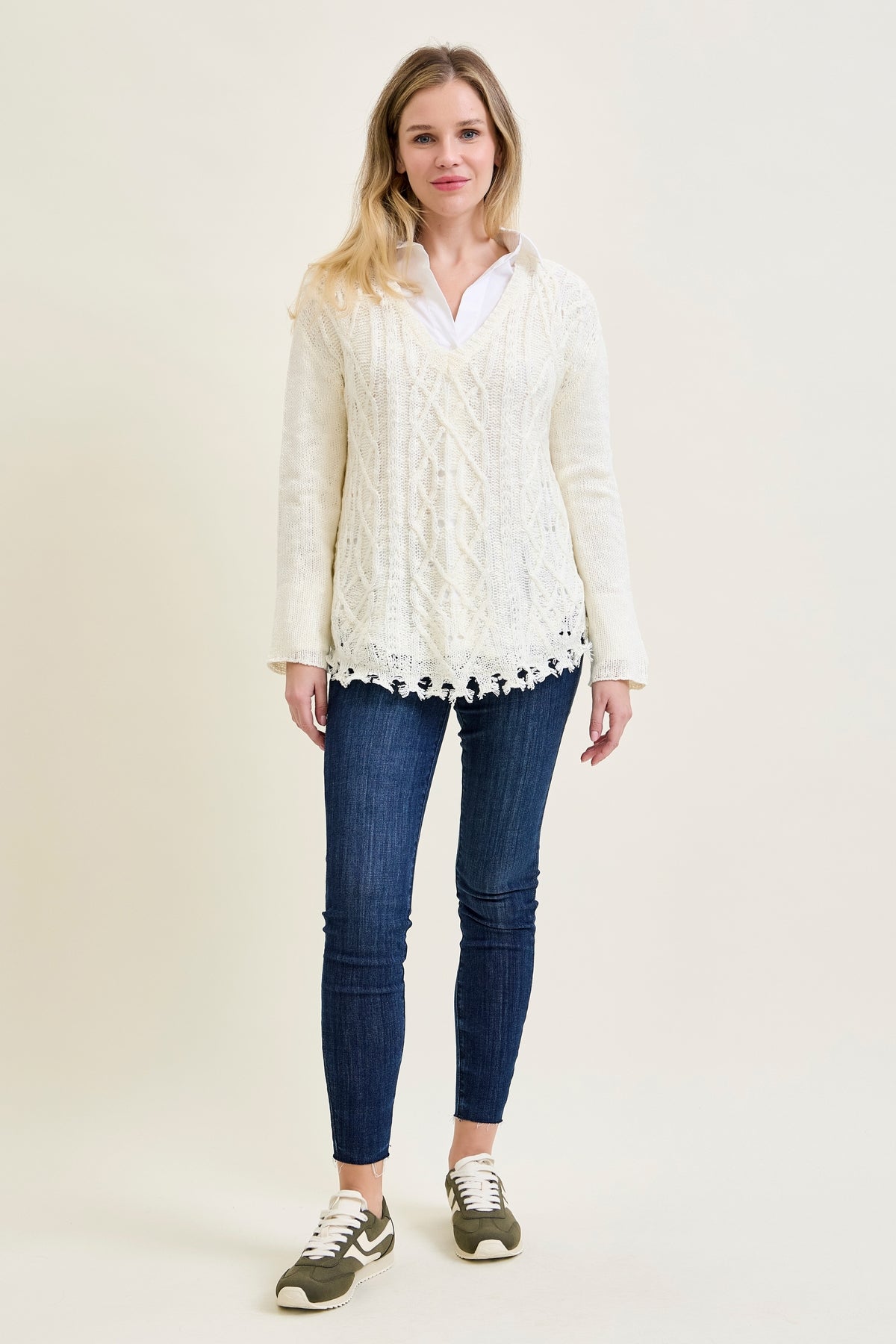 Cable Front Fringe Pullover White Sweater