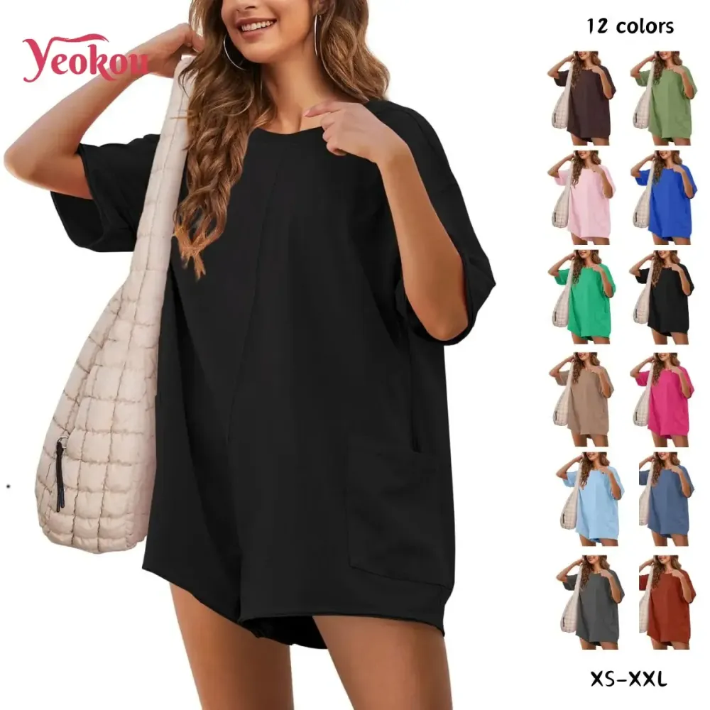 Women's Oversized Athletic Jumpsuit Casual Romper Overall Workout Tee Hot Short Romper