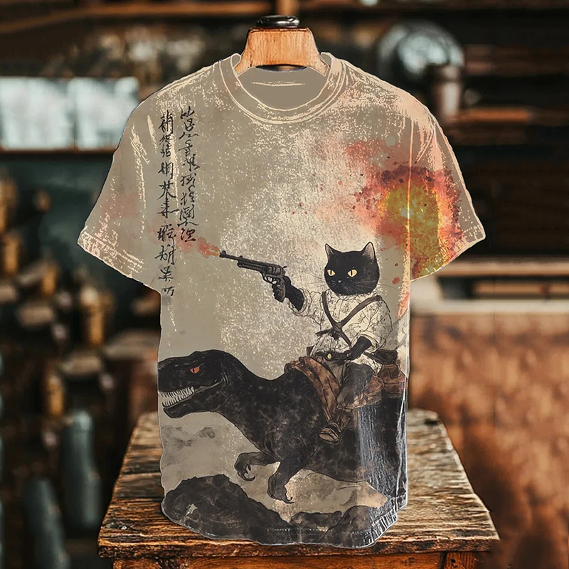 Men's Retro Calligraphy Cat Dinosaur Volcanic Eruption Print T-shirt